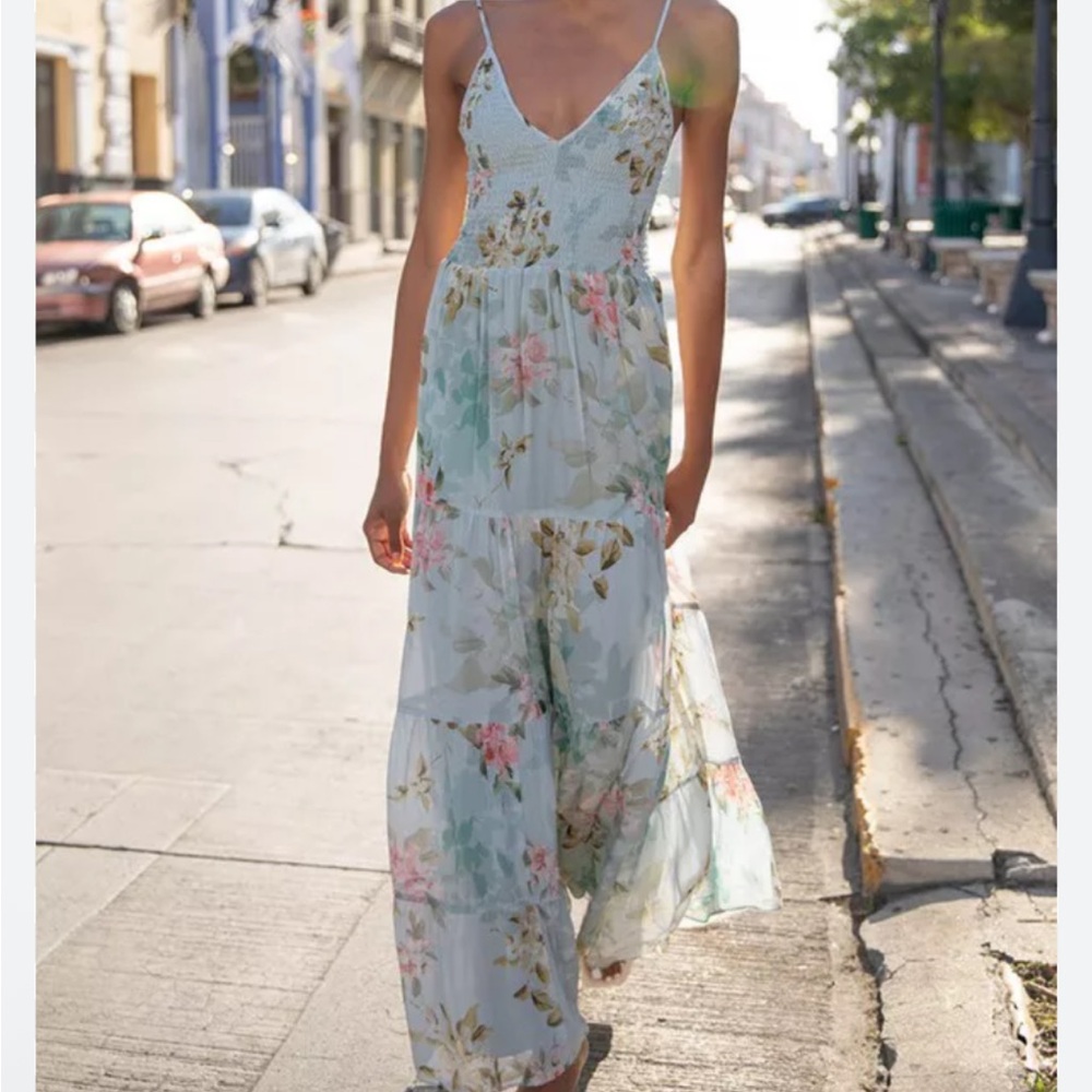Yumi Kim Claire Floral Maxi Dress in Soft Blue and Pink